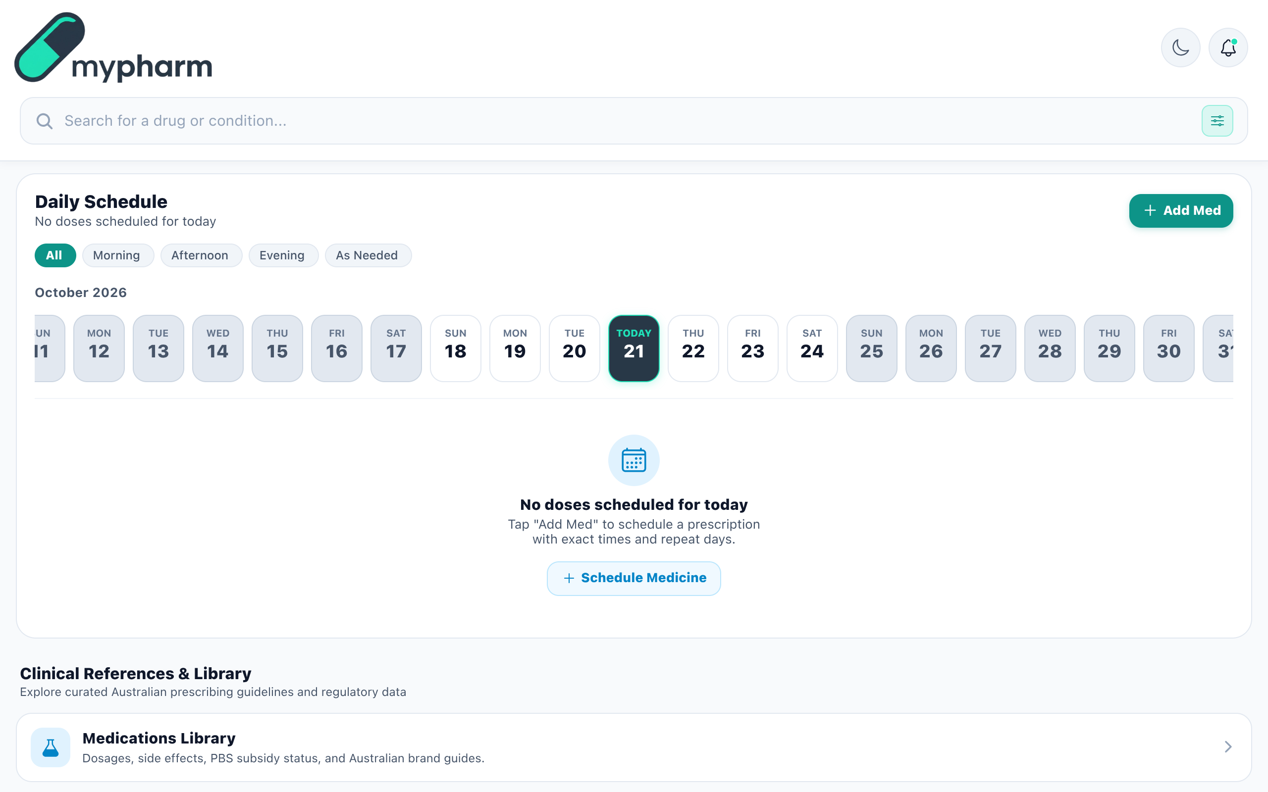 mypharm — Australian Clinical Drug Reference & Adherence Tracker interface